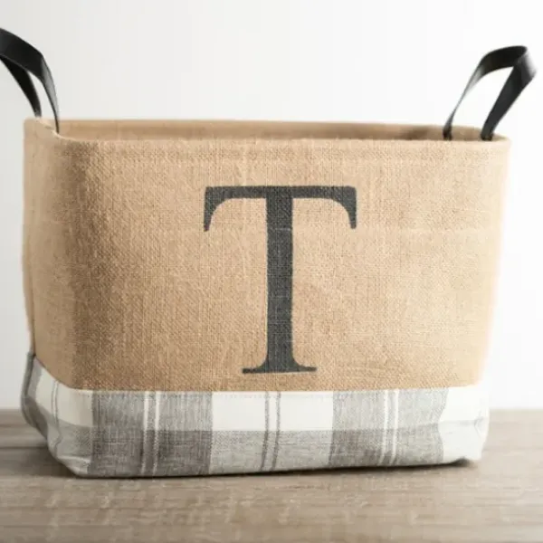 Baskets & Boxes-Kirkland's Home Monogrammed T Gray Plaid Leather Handle Jute Bin Tan