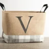 Baskets & Boxes-Kirkland's Home Monogrammed V Gray Plaid Leather Handle Jute Bin Tan