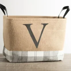 Baskets & Boxes-Kirkland's Home Monogrammed V Gray Plaid Leather Handle Jute Bin Tan