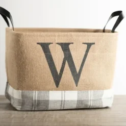 Baskets & Boxes-Kirkland's Home Monogrammed W Gray Plaid Leather Handle Jute Bin Tan