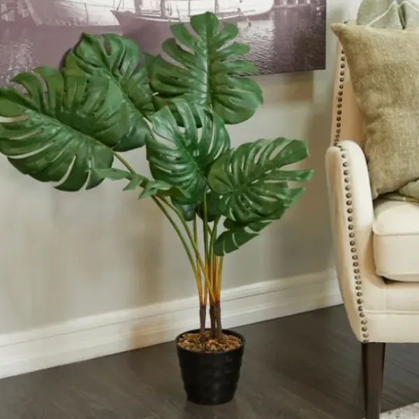 Trees & Topiaries-Kirkland's Home Monstera Plant In Ribbed Rock Planter