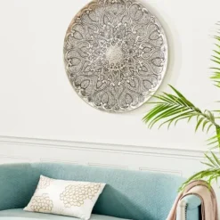 Wall Plaques-Kirkland's Home Mosaic Round Metal Wall Plaque Silver