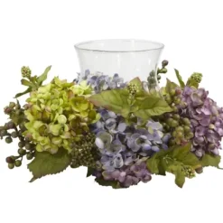 Arrangements & Greenery-Kirkland's Home Multicolor Hydrangea And Berry Candle Centerpiece Green/Blue/Purple