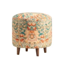 Benches & Ottomans-Kirkland's Home Multicolor Patterned Wood Ottoman Stool Blue/Orange/Ivory