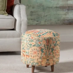 Benches & Ottomans-Kirkland's Home Multicolor Patterned Wood Ottoman Stool Blue/Orange/Ivory