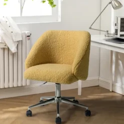 Office Furniture-Kirkland's Home Mustard Sherpa Upholstered Swivel Office Chair Yellow