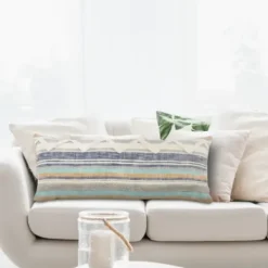 Pillows-Kirkland's Home Myrtle Tufted Stripes Lumbar Pillow Blue/Gray/Ivory