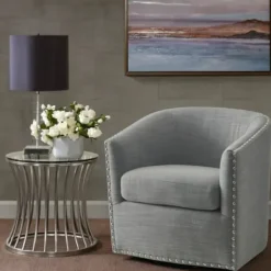 Accent Chairs-Kirkland's Home Nailhead Swivelling Barrel Accent Chair Gray