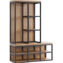 Entryway Furniture-Kirkland's Home Natural Acacia Wood And Metal Hall Tree With Bench