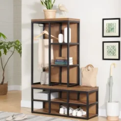 Entryway Furniture-Kirkland's Home Natural Acacia Wood And Metal Hall Tree With Bench