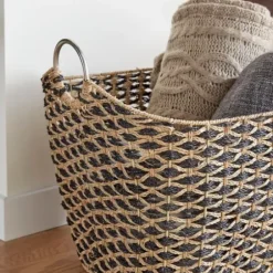 Baskets & Boxes-Kirkland's Home Natural And Black Seagrass Diamond Weave Basket Brown/Black