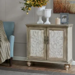 Cabinets & Sideboards-Kirkland's Home Natural And Cream Two-Tone Whitt Cabinet Tan