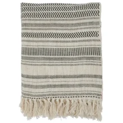 Blankets & Throws-Kirkland's Home Natural Block Print Throw With Fringe Ivory/Gray