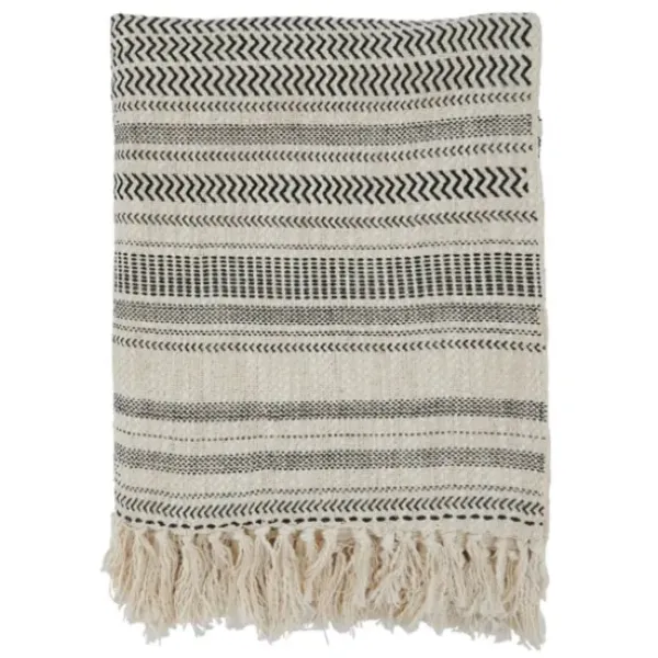 Blankets & Throws-Kirkland's Home Natural Block Print Throw With Fringe Ivory/Gray