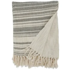 Blankets & Throws-Kirkland's Home Natural Block Print Throw With Fringe Ivory/Gray