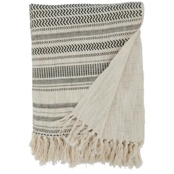 Blankets & Throws-Kirkland's Home Natural Block Print Throw With Fringe Ivory/Gray