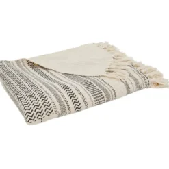 Blankets & Throws-Kirkland's Home Natural Block Print Throw With Fringe Ivory/Gray