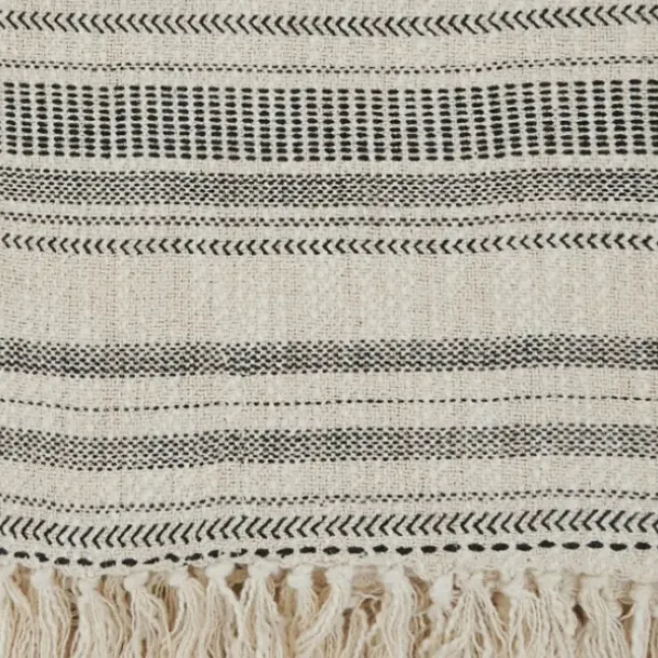Blankets & Throws-Kirkland's Home Natural Block Print Throw With Fringe Ivory/Gray