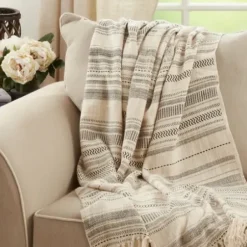 Blankets & Throws-Kirkland's Home Natural Block Print Throw With Fringe Ivory/Gray