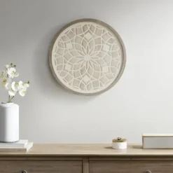 Wall Plaques-Kirkland's Home Natural Carved Wood Medallion Round Wall Plaque Tan