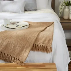 Blankets & Throws-Kirkland's Home Natural Chenille Fringe Throw Tan