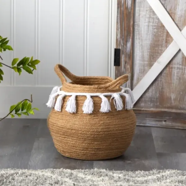 Baskets & Boxes-Kirkland's Home Natural Cotton Woven Tassel Basket Brown/White