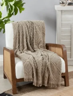 Blankets & Throws-Kirkland's Home Natural Diamond Pattern Throw Blanket Tan