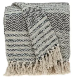 Blankets & Throws-Kirkland's Home Natural Diamond Wool Handloomed Tassel Throw Ivory/Gray/Tan