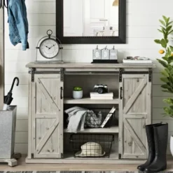 Entryway Furniture-Kirkland's Home Natural Farmhouse Sliding Door Cabinet Gray