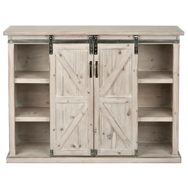Entryway Furniture-Kirkland's Home Natural Farmhouse Sliding Door Cabinet Gray