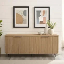 Cabinets & Sideboards-Kirkland's Home Natural Fluted Wood 4-Door Scandinavian Cabinet Tan