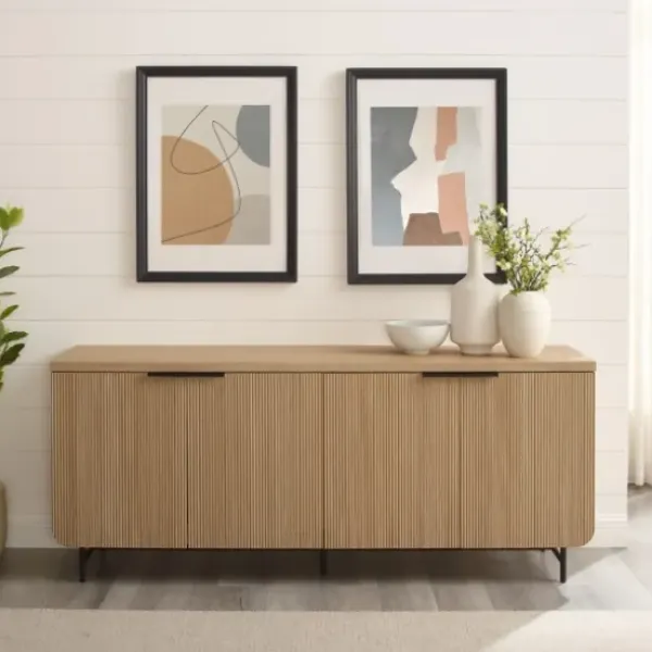 Cabinets & Sideboards-Kirkland's Home Natural Fluted Wood 4-Door Scandinavian Cabinet Tan