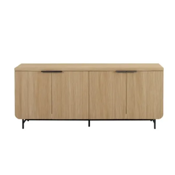 Cabinets & Sideboards-Kirkland's Home Natural Fluted Wood 4-Door Scandinavian Cabinet Tan