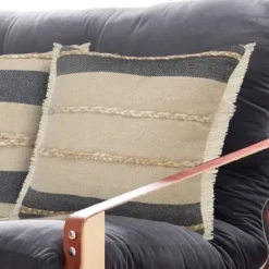 Pillows-Kirkland's Home Natural Jute Braided Stripe Throw Pillow, 20 In. Black/Tan/Ivory