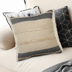 Pillows-Kirkland's Home Natural Jute Braided Stripe Throw Pillow, 20 In. Black/Tan/Ivory