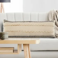 Pillows-Kirkland's Home Natural Jute Braided Stripe Lumbar Pillow Black/Tan/Ivory