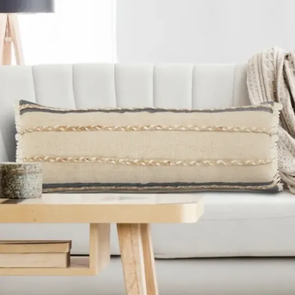 Pillows-Kirkland's Home Natural Jute Braided Stripe Lumbar Pillow Black/Tan/Ivory