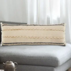 Pillows-Kirkland's Home Natural Jute Braided Stripe Lumbar Pillow Black/Tan/Ivory