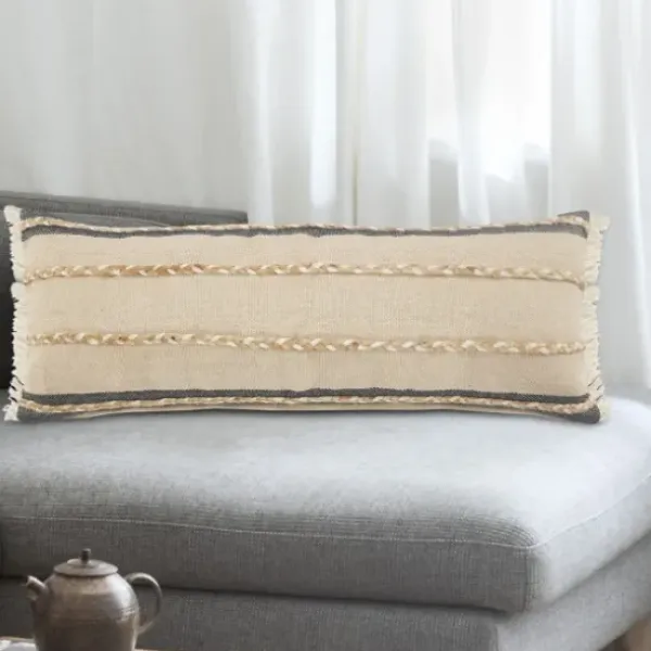 Pillows-Kirkland's Home Natural Jute Braided Stripe Lumbar Pillow Black/Tan/Ivory