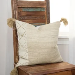 Pillows-Kirkland's Home Natural Kantha Stitch Recycled Throw Pillow Tan