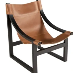 Accent Chairs-Kirkland's Home Natural Leather And Black Wood Sling Accent Chair Tan