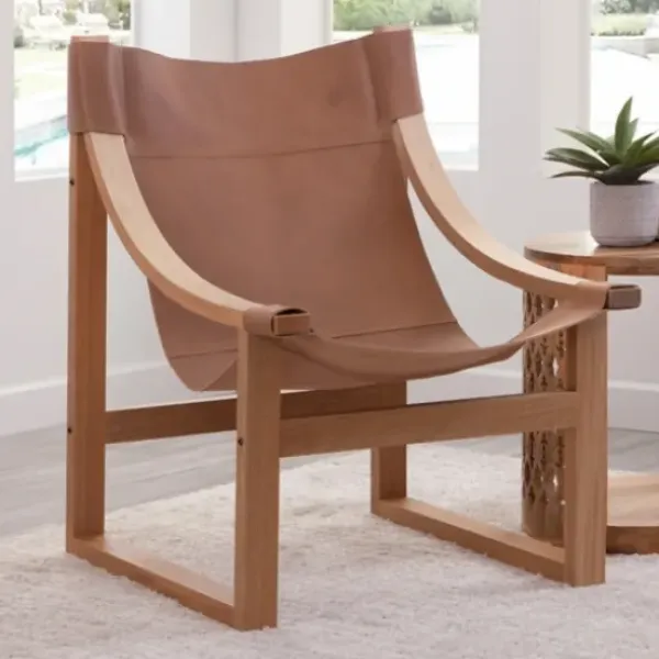 Accent Chairs-Kirkland's Home Natural Leather And Wood Sling Accent Chair Tan
