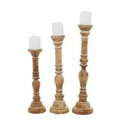 Candle Holders-Kirkland's Home Natural Mango Wood Carved Candle Holders, Set Of 3 Tan