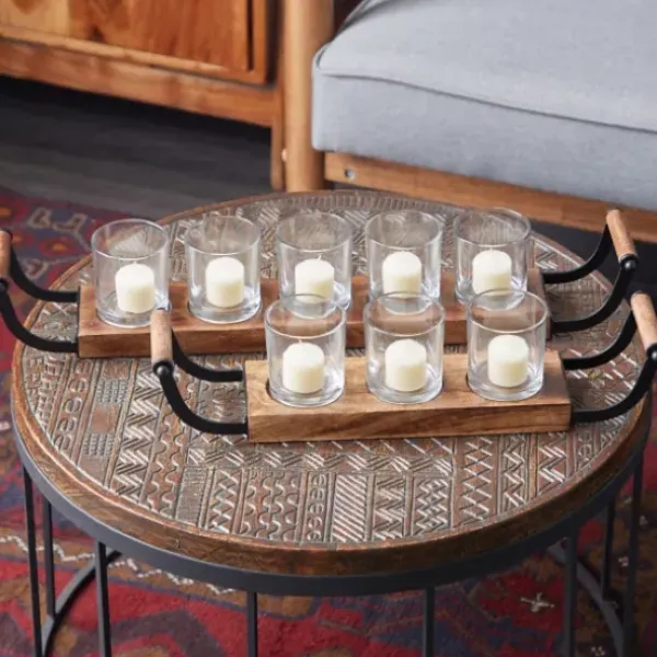 Candle Holders-Kirkland's Home Natural Mango Wood 2-Pc. Candle Holders Brown/Black