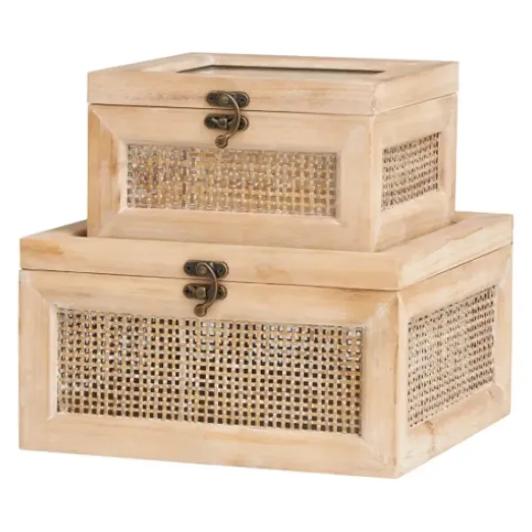Baskets & Boxes-Kirkland's Home Natural Rat And Glass Top Boxes, Set Of 2 Tan