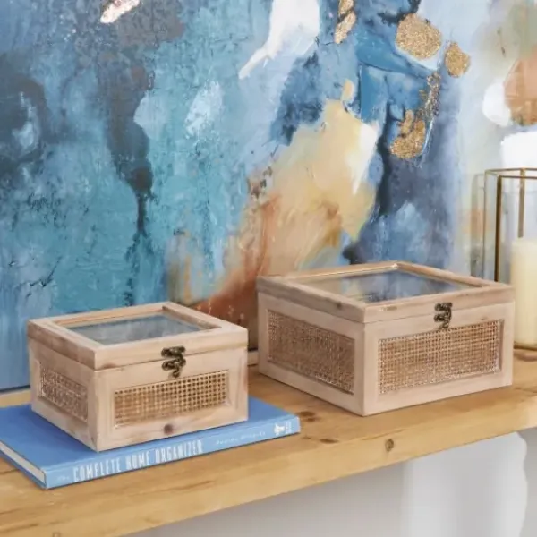Baskets & Boxes-Kirkland's Home Natural Rat And Glass Top Boxes, Set Of 2 Tan