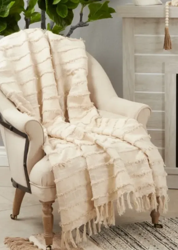 Blankets & Throws-Kirkland's Home Natural Striped And Fringe Throw Blanket Tan