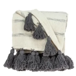 Blankets & Throws-Kirkland's Home Natural Striped Cotton Handloomed Tassel Throw White/Gray