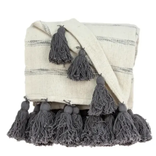 Blankets & Throws-Kirkland's Home Natural Striped Cotton Handloomed Tassel Throw White/Gray
