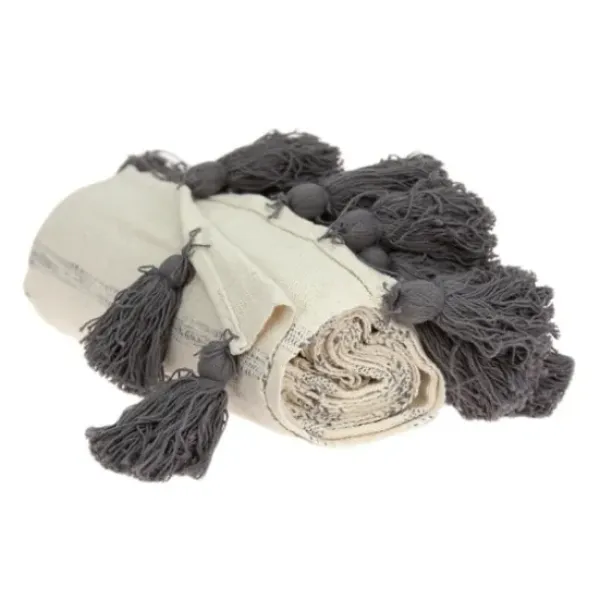 Blankets & Throws-Kirkland's Home Natural Striped Cotton Handloomed Tassel Throw White/Gray